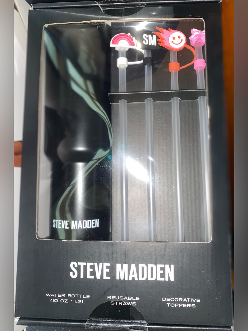 NWT Steve Madden Black Water Bottle with Colorful Straw Toppers